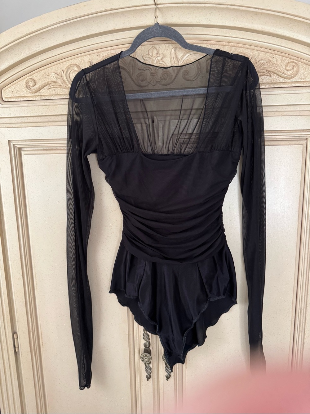 Guy Laroche Black Sheer Long-Sleeve Ruched Bodysuit